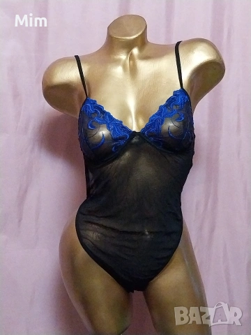  Резервирани S Черно еластично, прозрачно боди със синя бродерия , снимка 4 - Корсети, бюстиета, топове - 53689410