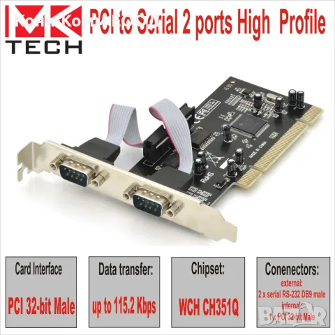 PCI to Serial 2 ports High Profile MKTECH - НОВИ, снимка 1 - Мрежови адаптери - 40798724