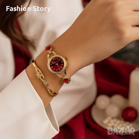 Луксозен дамски сет: часовник с кристали + гривна – в подаръчна опаковка, снимка 5 - Дамски - 51935593