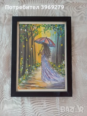 Лечебна ръчно рисувана картина с маслени пастели-"Жена с чадър"-14,5/19,5 см., снимка 1
