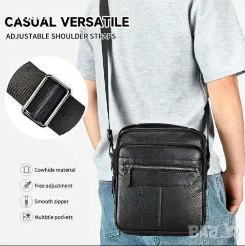 Мъжка луксозна и практична кожена чанта /Черна телешка естест. кожа!, снимка 2 - Чанти - 50022436