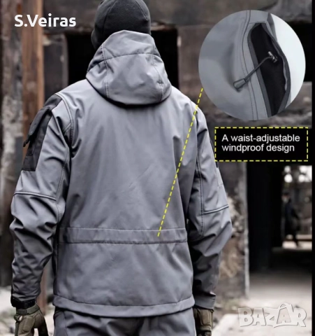 Работно Тактическо Ветроустойчиво яке с качулка, с много джобове, Цвят -Сив, снимка 6 - Якета - 52857693