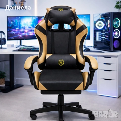 Геймърски стол с масажна функция, лумбална възглавница и поставка за крака – Черен-златист, снимка 2 - Столове - 53443536