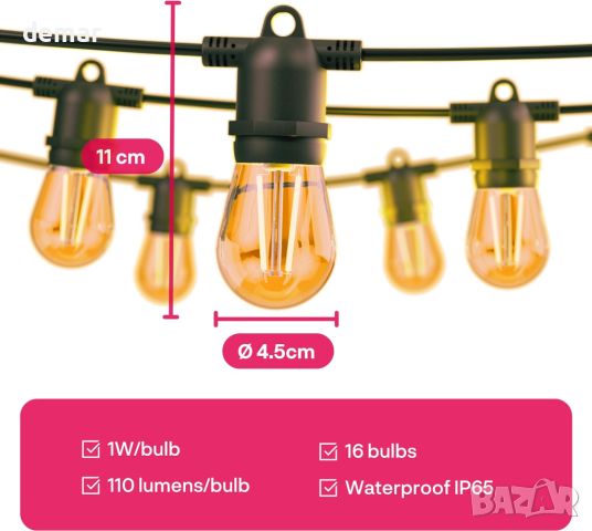 Външни стрингови лампи Innr, 8 м - Работи с Hue*, Amazon Echo (4-то поколение) и SmartThings, снимка 6 - Външни лампи - 45806825