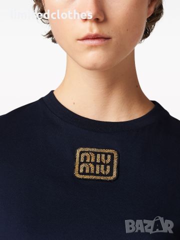 MIU MIU Gold Logo Embroidered Cropped Дамска Тениска size XS и L, снимка 9 - Тениски - 46498561