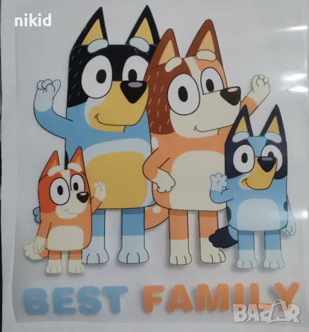 Блуи и Бинго Bluey and Bingo семейство щампа термо апликация картинка за дреха блуза чанта