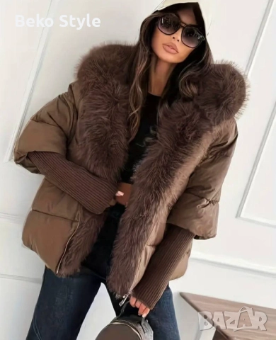 Яке с пухена яка и качулка , снимка 2 - Якета - 52183268