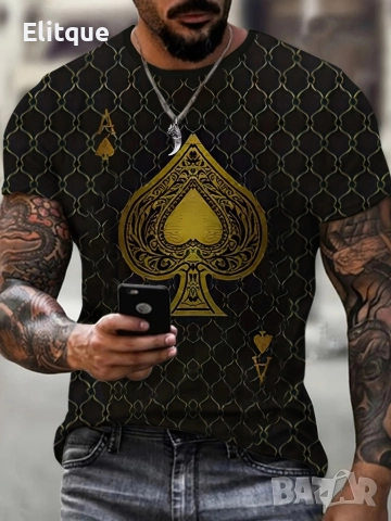 Мъжка тениска с графичен принт с акцент Асо пика, снимка 7 - Тениски - 52866533