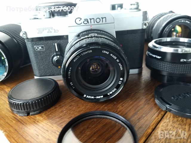 Фотоапарат Canon FTb с 3 обектива, телеконвертер 2х, светкавица и куфар, снимка 2 - Фотоапарати - 46182336