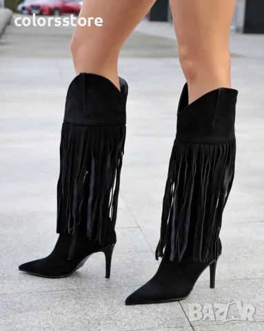 Ботуши на ток - черен велур - RS52, снимка 2 - Дамски ботуши - 49731079
