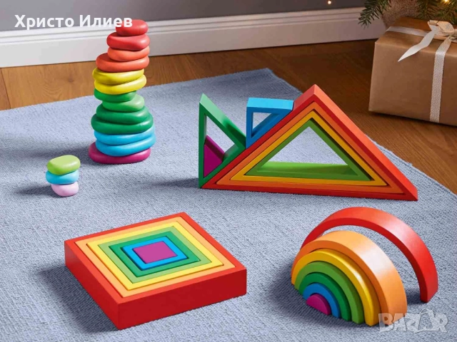 Дървен конструктор Пъзел Дъга за подреждане Монтесори финна моторика, снимка 3 - Образователни игри - 47592933