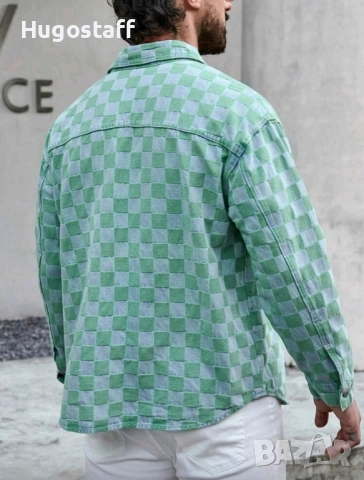 Ново мъжко дънково яке зелено шах деним памук ХХЛ, снимка 5 - Якета - 52159109