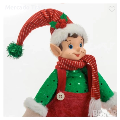 Коледна фигурка Елф с червен кадифен гащеризон и зелени раирани чорапи, 50см, снимка 3 - Декорация за дома - 52632650