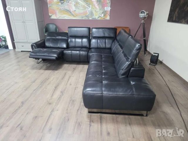 Дизайнерски черен кожен ъглов диван с електрически релакс механизъм, снимка 12 - Дивани и мека мебел - 46474871