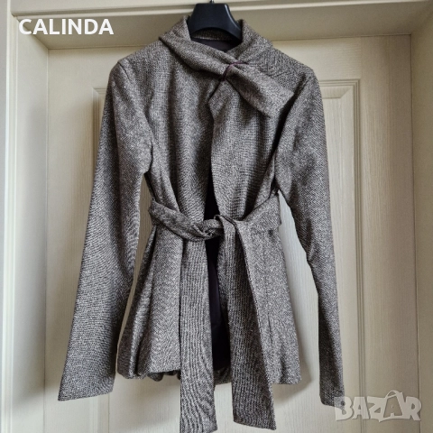 Дизайнерско сако с колан кафяв меланж, снимка 2 - Сака - 52188709