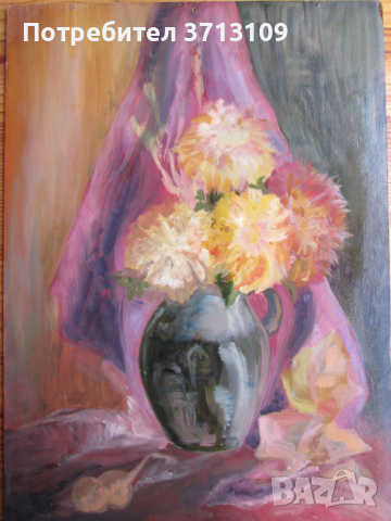 Картина -масло, фазер, ваза с хризантеми,51х36см., снимка 5 - Картини - 45055502