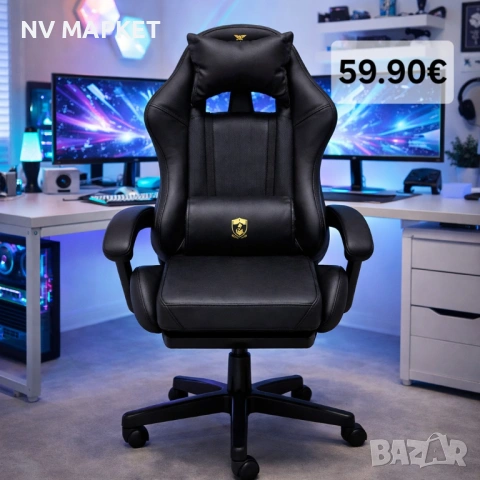 Геймърски стол с масажна функция, лумбална възглавница и поставка за крака – Черен-златист, снимка 5 - Други стоки за дома - 51415813