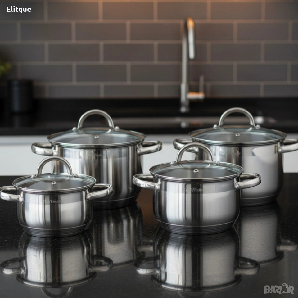 Комплект тенджери Cheffinger – 8 части инокс с капаци, за всички видове котлони, снимка 1