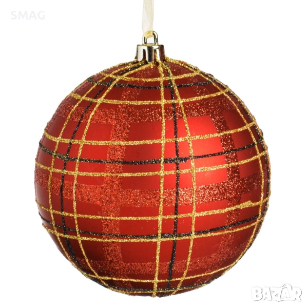 Коледна топка за елха червено каре брокат Ø12 см_1254075, снимка 1