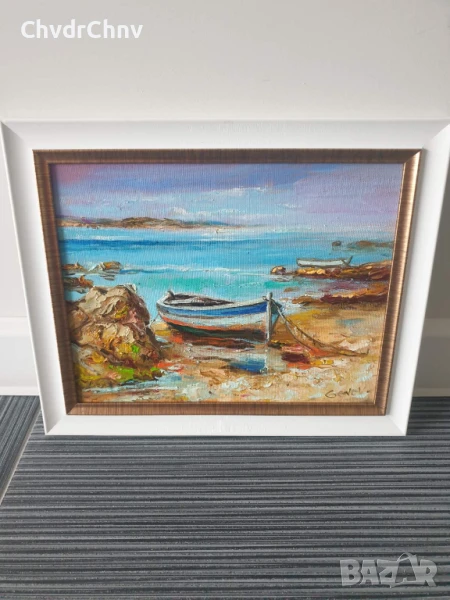 Димитър Генев 33x27см/малка българска картина масло върху платно/морски пейзаж/рибарски лодки, снимка 1
