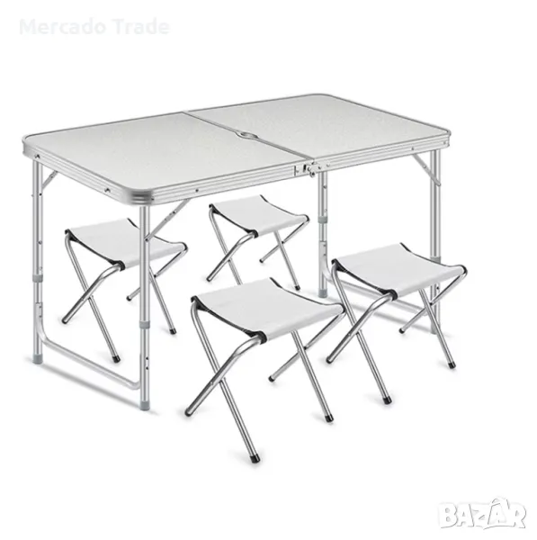 Маса за Къмпинг + 4 броя Столове, Сив-Бял, снимка 1