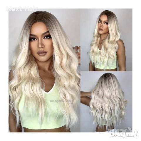 Висококачествена светло руса чуплива перука с тъмни корени на път, снимка 3 - Аксесоари за коса - 51058457