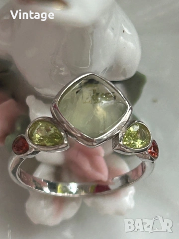 Марков сребърен пръстен с естествени камъни зелен рутилов кварц, перидот и гранат , снимка 5 - Пръстени - 53996195