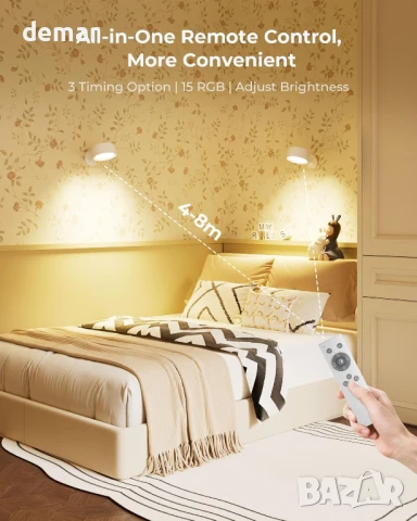 FULEN LED стенна лампа, пакет от 2 броя, 18 цвята, 4 нива на яркост, 8000mAh, дистанционно, снимка 6 - Лед осветление - 50470731