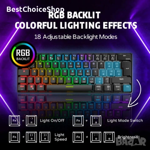 Геймърска клавиатура RK Royal Kludge RK61, Механична, Безжична, Bluetooth, 2.4GHz, 61 клавиша, RGB, снимка 8 - Клавиатури и мишки - 53614642