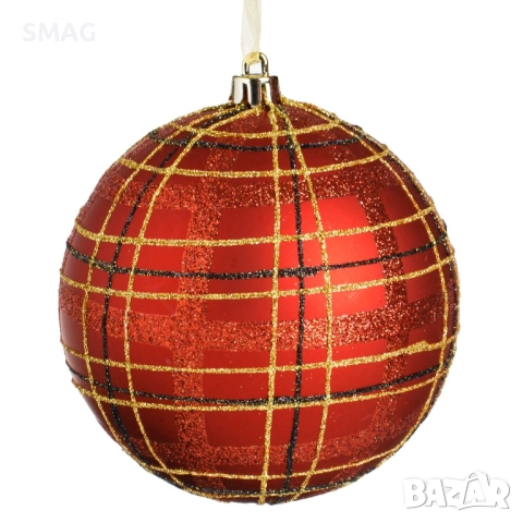 Коледна топка за елха червено каре брокат Ø12 см_1254075