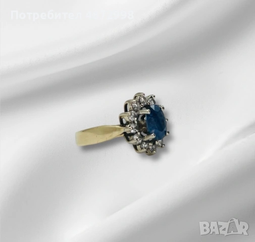 Златен пръстен с диаманти и сапфир 14к, снимка 4 - Пръстени - 53253877