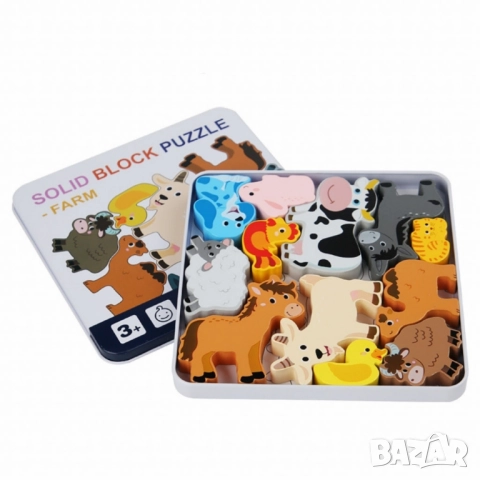 Дървен 3D пъзел с животни в метална кутия – 12 части, снимка 4 - Други - 52056182