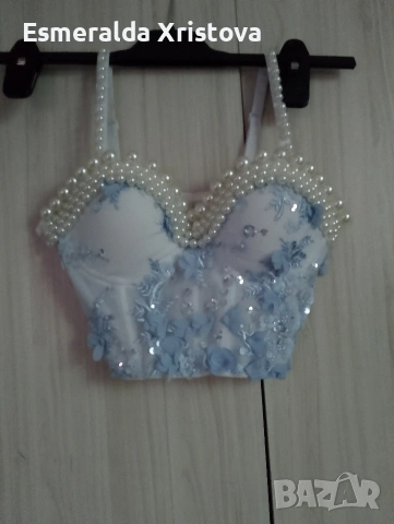 Бюстие в син цвят с перли, снимка 2 - Корсети, бюстиета, топове - 54195284