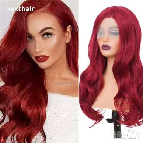 🌹 LACE FRONT лейс фронт 60 см червена чуплива перука с дантела 4*1, снимка 3 - Аксесоари за коса - 44777241