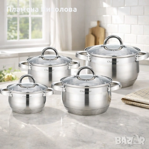 Комплект 4 тенджери от неръждаема стомана с индукционно дъно Cheffinger CF-SS8 + ПОДАРЪК Ръчен чопър, снимка 2 - Съдове за готвене - 53316085