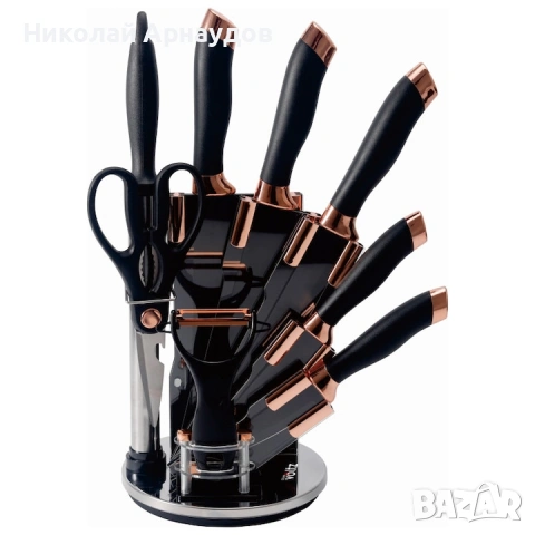 Комплект ножове Oliver Voltz OV51633K9G, 9 части, Поставка, Черен/Розово злато