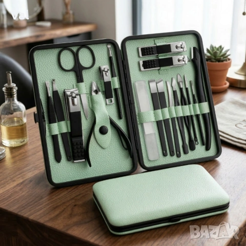 Комплект за маникюр от 18 части в елегантен зелен калъф, снимка 3 - Други - 53892508
