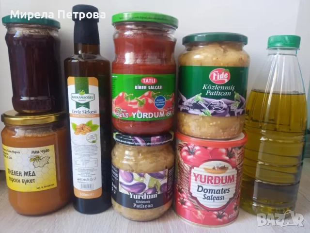 Доматено пюре,пиперково пюре,патладжан,зехтин,сладко и мед