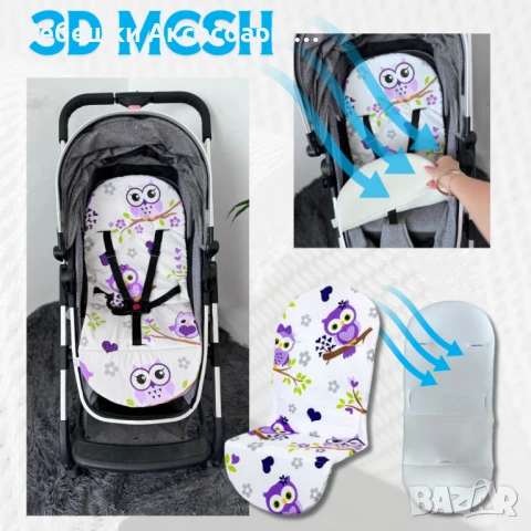 Подложка за количка против изпотяване - десен Лилави бухали, снимка 1