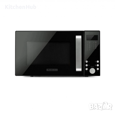 Микровълнова с грил Black+Decker – 23L, 900W, 9 автоматични програми и детска защита 
