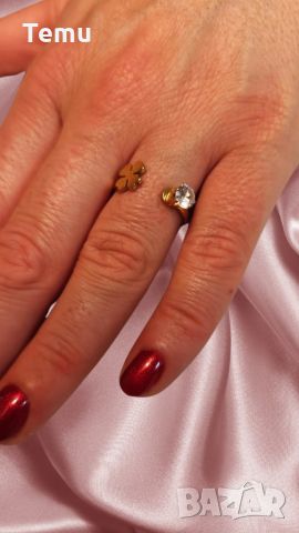 Модерен дамски пръстен от недъждаема стомана тип полузатворена халка с детелина и камък цирконий  Es