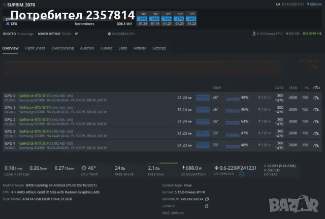 Майнинг Риг/Mining Rig Geforce RTX 3070, 3060, снимка 5 - Видеокарти - 48619592