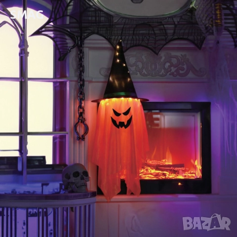 Висяща декорация за Хелоуин / Halloween – дух с тиква и LED, топла бяла, Ø38x100 см_1244357, снимка 2 - Декорация за дома - 52020471