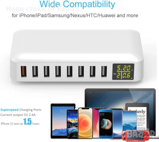 60W 8-портова USB зарядна станция с дисплей,захран адапт  с 18W Quick Charge 3.0 порт , снимка 6 - Друга електроника - 52322655