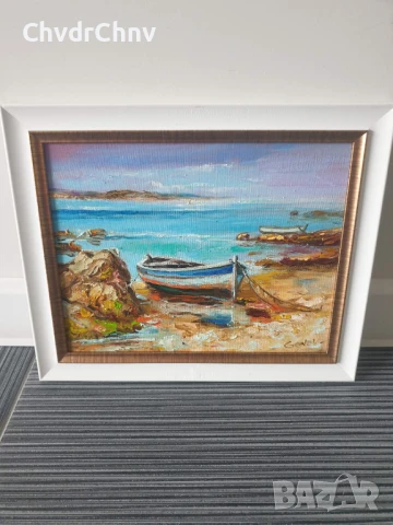 Димитър Генев 33x27см/малка българска картина масло върху платно/морски пейзаж/рибарски лодки