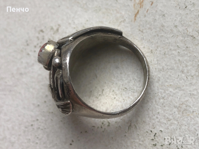 стар дизайнерски сребърен пръстен с тюркоаз и корал, снимка 9 - Антикварни и старинни предмети - 53653775