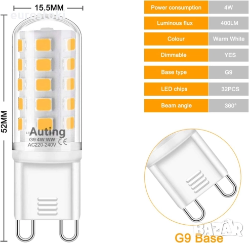 Auting G9 LED димируеми крушки, 4W 2700K топло бяла светлина 32 * 2835 SMD LED крушки, снимка 6 - Крушки - 51488646