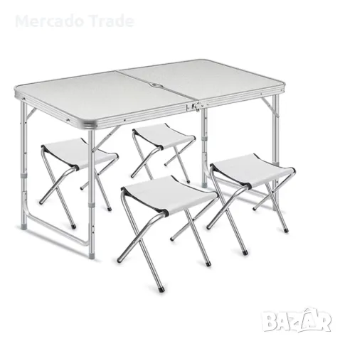 Маса за Къмпинг + 4 броя Столове, Сив-Бял