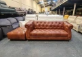 Кафяв кожен диван тройка и табуретка тип Честърфийлд, снимка 12