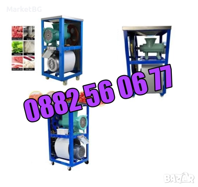 Чугунена месомелачка №32 с мотор и стойка с колела, с плот неръждавейка и двоен ремък, снимка 1